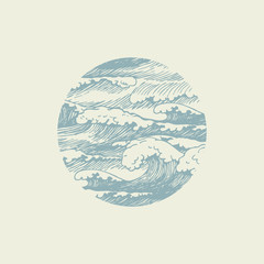 Vector banner of round shape with hand-drawn waves in retro style. Stormy waves with white breakers of sea foam, decorative illustration of the sea or ocean