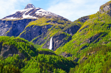 Amazing and breathtaking views from famous train Flamsbana in Flam, Norway with valleys, mountains...