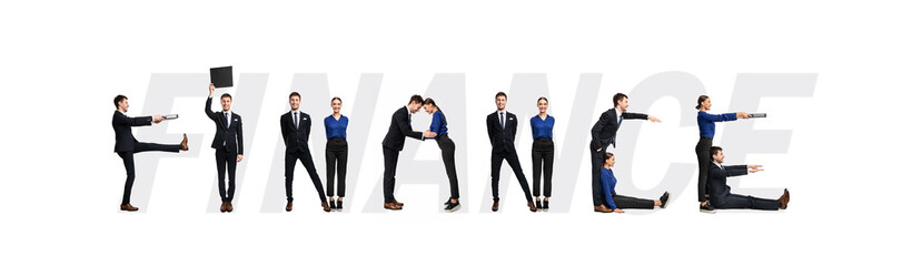 Group of people forming finance word at studio