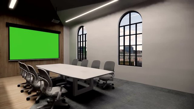 3d illustration animation, a seamless panorama of the room and  office meeting room . interior design 3D rendering.reception in a modern panoramic office.green screen on wall.