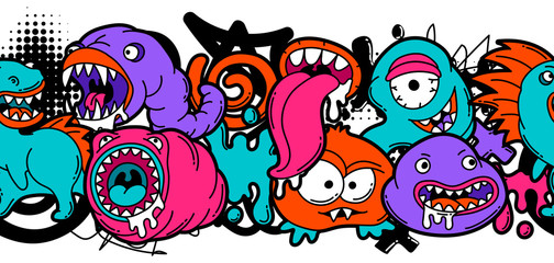 Seamless pattern with cartoon monsters.