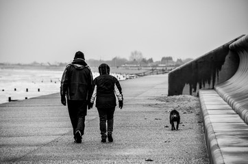 A couple walking along the shoreline in the wintertime