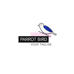 Bird logo design sit in branch with blue wings. Doodle, line art icon, vector illustration
