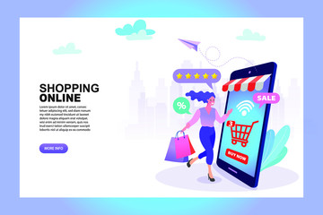 Pretty young woman with shopping bags big sale online. flat vector illustration.