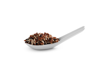 Thai raw organic rice red on white background  