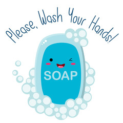 Blue kawaii soap with the text 'Please, Wash Your Hands