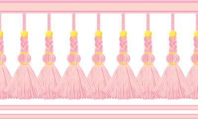 Vector seamless border pattern. Horizontal tassels from yarn or tread with beads and braid on cords, flat macrame style. Abstract design, powdery pink colors. Perfect for baby girl design