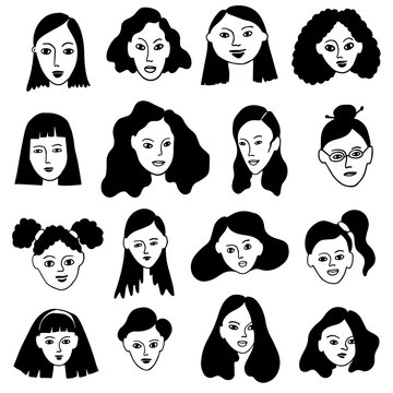 Set of 16 women faces in black and white color