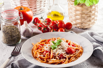 Spaghetti Napoli with parmesan cheese
