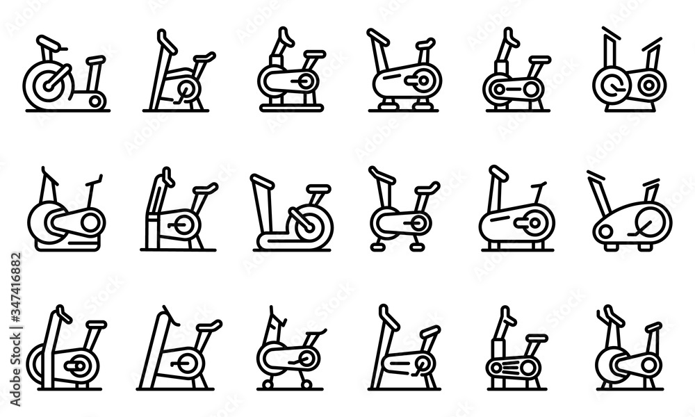 Poster exercise bike icons set. outline set of exercise bike vector icons for web design isolated on white 