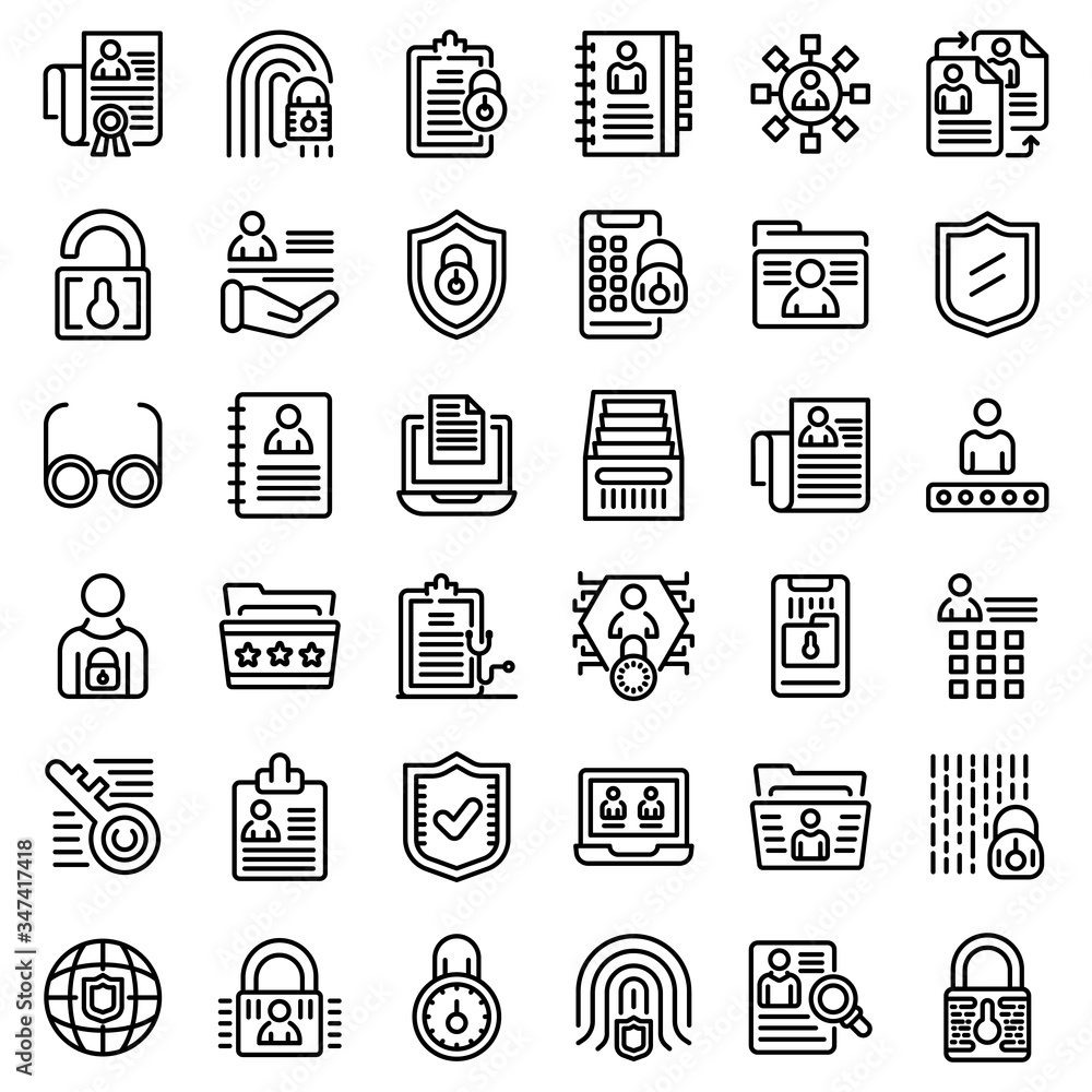 Poster personal information icons set. outline set of personal information vector icons for web design isol