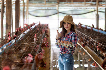 Portrait of young asian woman farmer collect fresh eggs in hands in Eggs chicken farm.. © tong2530