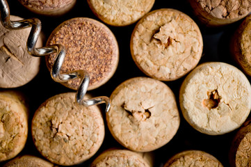 Wine corks of different sizes and a corkscrew standing upright on an old wooden surface.