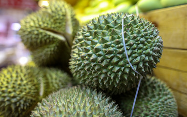 Durian on the counter in the market.