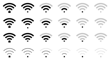 Set of flat wifi sign icons in different shaped and connection level, locked and unlocked, triangle, thin, thick and round.