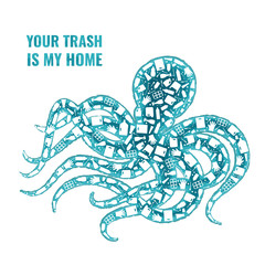 Stop ocean plastic pollution concept vector illustration. Octopus marine mollusc outline filled with plastic trash flat icons. Prevent ocean pollution ecology concept, sustainable lifestyle graphic.
