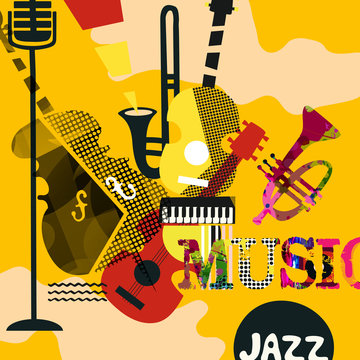Colorful music promotional poster with music instruments vector illustration. Artistic abstract background for music show, live concert events and festivals, party flyer design template
