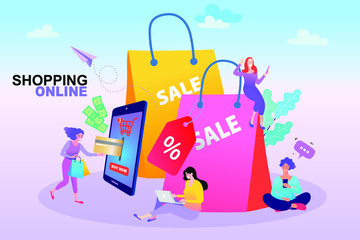 vector illustration of shopping bags with sale. Digital marketing business. financial operations and credit card, mobile payment and banking concept.
