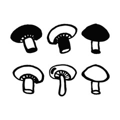 Set champignon mushrooms in doodle style isolated on white background. Vector hand drawn outline and silhouette simple illustration.