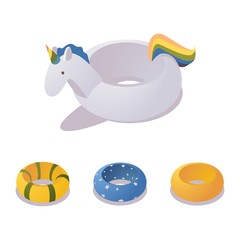 Isometric unicorn swimming ring. Set of colorful travel accessorioes