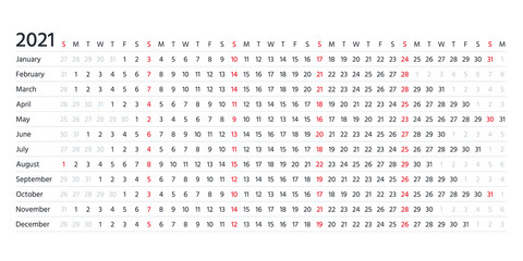 Calendar linear for 2021 year. Vector. Yearly calender planner. Schedule template with months. Week starts Sunday. Horizontal, landscape orientation, english. Agenda organizer. Simple illustration.