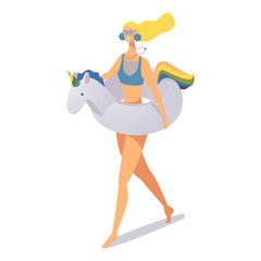 Happy cute girl on inflatable unicorn swim ring goes swimming