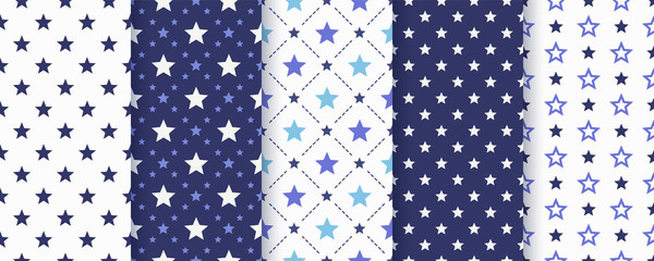 Star seamless pattern. Vector. Abstract geometric texture. Cute navy blue prints. Baby birthday simple wallpaper with sky. Color monochrome illustration.