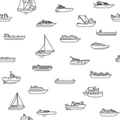 Seamless background of ships and boats. Barge and cargo ship, tanker, sailing vessel, cruise liner, tugboat, fishing and speed boat. Vector illustration