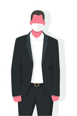 Business man with face mask in modern flat style, for virus protection, air pollution, contaminated air, world pollution. Modern flat vector illustration.