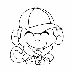 Coloring of Monkey Wears a Hat and Closes his Eyes Cartoon, Cute Funny Character, Flat Design