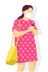 Woman is  wearing face mask for virus protection, air pollution, contaminated air, world pollution. Modern flat vector illustration.