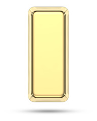 Side view of gold bar with shadow. 3D rendering illustration of golden bullion without text isolated on white background