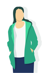 Woman in modern style vector illustration, simple flat shadow isolated on white background.