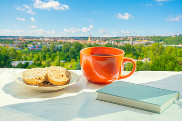 Breakfast of coffee and homemade muffins on the street against the background of the city panorama