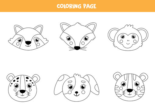 Color cute animal faces. Coloring page for children.