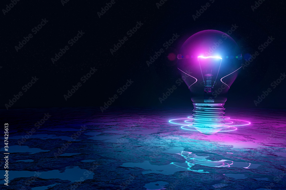 Poster lightbulb illuminating reflecting floor with blue and pink neon light 3d rendering