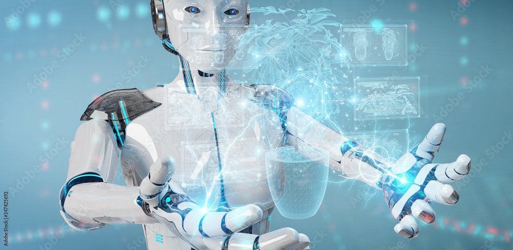 Leinwandbilder robot holding and touching holographic projection of a plant with digital analysis 3d rendering
