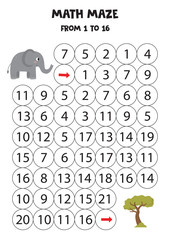 Math maze with cute cartoon elephant and safari tree.