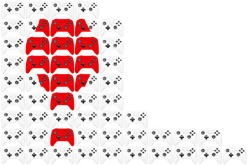 Background from gamepads in bright colors, partially painted in red in the shape of an exclamation mark. With empty place for text.