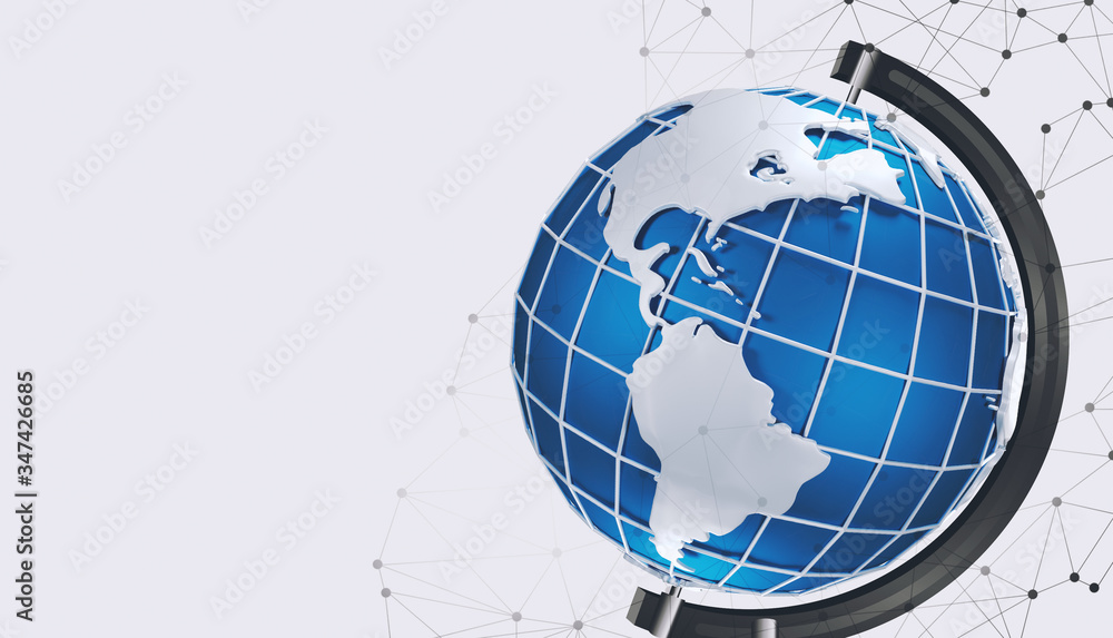 Poster global network connections. 3d illustration with globe, points and lines on light background, copy s
