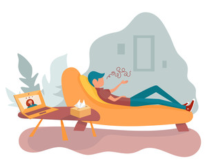 Client lying and talking on couch at home while psychologist online session. Vector illustration. Man talks his problems to therapist through a video call. Concept of social distancing, quarantine or 
