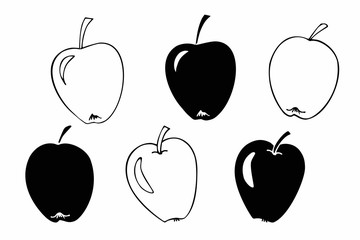 Apples in black contours and black silhouette sketches. Vector fruit illustration. Monochrome apples. For cards, menus, parties decor, logo, wall decor