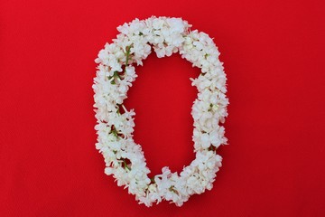 Letter O made from flowers of white lilac on a red background. Flowers composition. Flat lay. Letter O made of white flowers. Spring concept. Floral letters of the alphabet for design and decorati