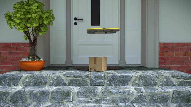 Drone delivers a package in front of the house door, 3D animation
