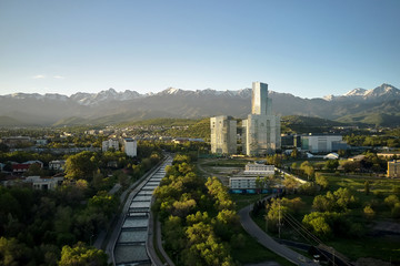 Aerial view of Esentai Tower Business Centre at sunrise. Almaty, Kazakhstan.