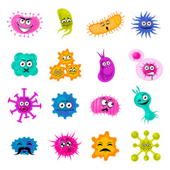 Cute bacteria, virus, germ cartoon character set. Microbe and pathogen vector icons isolated on background. Covid-19 emoji. Coronavirus smile set