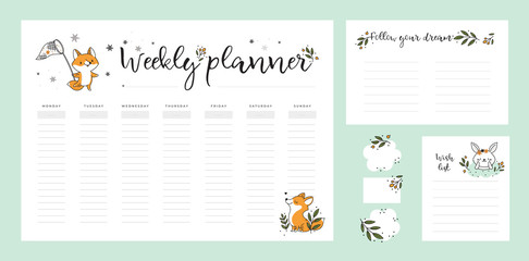 Wish list template, weekly planner page with cute baby fox and bunny animals in doodle cartoon style. Set of stationery digital prints. Follow your dreams. Flat lay, organizer mock up. Pastel colors