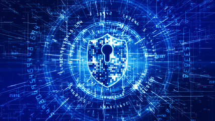 Obraz premium HUD and Shield Icon of Cyber Security. Digital Data Network Protection. High-speed connection data analysis. Technology data binary code network conveying. Future technology background concept.