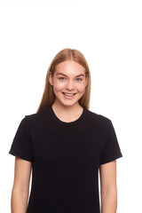 beautiful blond female posing with a blank black t-shirt. Ready for your design or artwork.