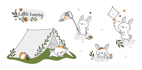 Cute childish set with baby bunny animal. Little rabbit in summer holiday collection. Outdoor activities for kids. Camping in forest with adorable little animals. Children vector illustration on white